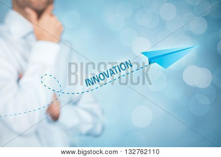 Innovation concept. Businessman with a paper plane symbolizing acceleration and innovation.