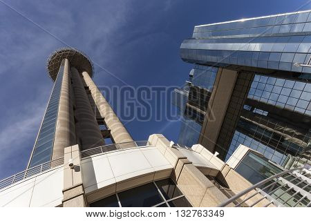 DALLAS USA - APR 7: The Reunion Tower with a 171 m high observation deck and the Grand Hyatt hotel in Dallas Downtown. April 7 2016 in Dallas Texas USA