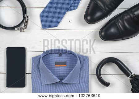 Set Of Men's Clothing And Shoes On Wooden Background. Men Accessories. Black Elegant Accessories Pie