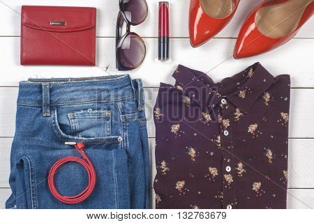 Women Clothing Set And Accessories On Light  Background.top View,  Different Shoes On  Light  Backgr