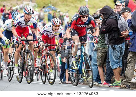 MELBOURNE, AUSTRALIA - FEBRUARY 1: Cadel Evans and the peloton struggle up a hill in the inaugral Cadel Evans Great Ocean Road Race
