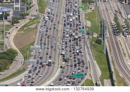 DALLAS USA - APR 7: View of a crowded highway in Dallas. April 7 2016 in Dallas Texas United States