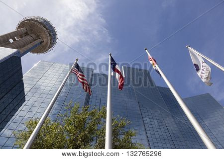 DALLAS USA - APR 7: The Reunion Tower and Hyatt Regency luxury hotel in Dallas. April 7 2016 in Dallas Texas USA