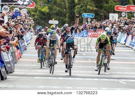 MELBOURNE, AUSTRALIA - FEBRUARY 1: The sprint finish with Gianni MEERSMAN leading in the inaugral Cadel Evans Great Ocean Road Race