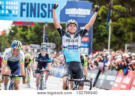 MELBOURNE, AUSTRALIA - FEBRUARY 1: The sprint finish with Gianni MEERSMAN winning in the inaugral Cadel Evans Great Ocean Road Race
