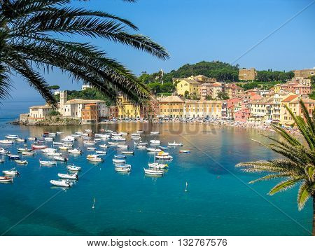 Aerial view of the spectacular and famous Bay of Silence with its boats and its lovely beach. Sestri Levante, Province of Genoa in Liguria, Italy.