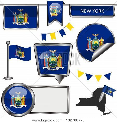 Glossy Icons With Flag Of State New York