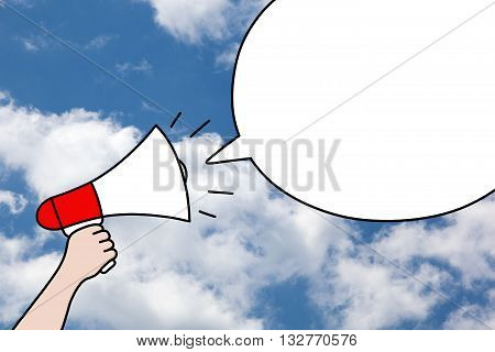 Drawing of hand holding a megaphone and blank speech bubble on blue sky and clouds background. Communication promotion or public relations concept.