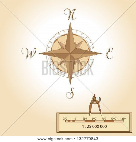 Wind rose illustration. Isolated vector. Element of an antient or old style map decoration. Wind rose is a tool of travellers to read maps. Shows North South East West