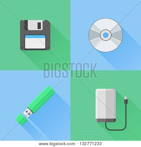 Set of digital data devices flat icons. Floppy disk, cd, flash drive and portable hdd. Vector illustration.