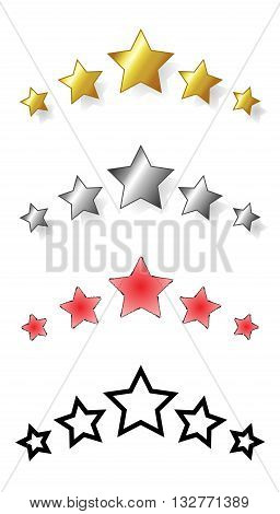 Set of five stars. range of award stars for services i.e. hotel spa resorts... Vector isolated illustration of five stars: golden silver red black.