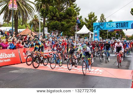 MELBOURNE, AUSTRALIA - FEBRUARY 1: Riders start the inaugral Cadel Evans Great Ocean Road Race