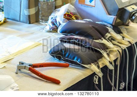 SELANGOR MALAYSIA - MAY 07 2016 :Human blood in storage during blood donation event from SETIA developer together with Pusat Darah Negara (Country Blood Centre) at Trefoil Setia Alam Selangor.