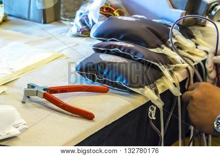 SELANGOR MALAYSIA - MAY 07 2016 :Human blood in storage during blood donation event from SETIA developer together with Pusat Darah Negara (Country Blood Centre) at Trefoil Setia Alam Selangor.