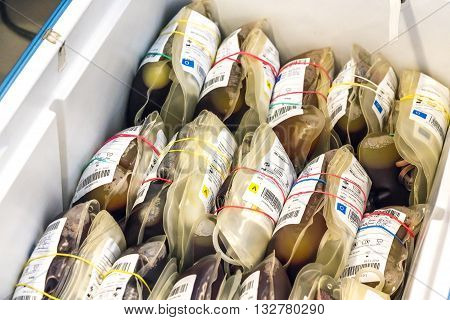 SELANGOR MALAYSIA - MAY 07 2016 :Human blood in storage during blood donation event from SETIA developer together with Pusat Darah Negara (Country Blood Centre) at Trefoil Setia Alam Selangor.