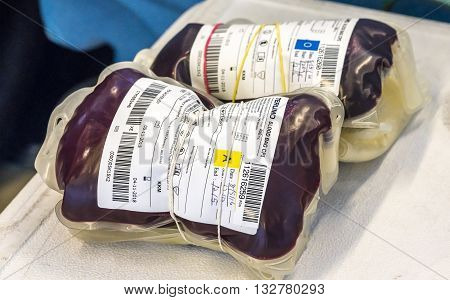 SELANGOR MALAYSIA - MAY 07 2016 :Human blood in storage during blood donation event from SETIA developer together with Pusat Darah Negara (Country Blood Centre) at Trefoil Setia Alam Selangor.