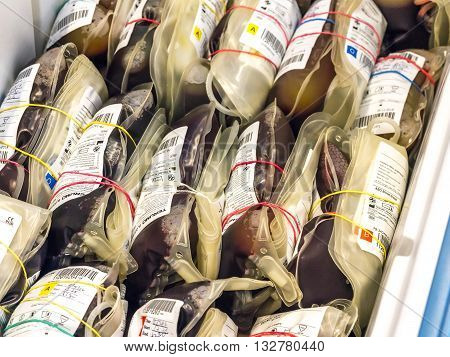 SELANGOR MALAYSIA - MAY 07 2016 :Human blood in storage during blood donation event from SETIA developer together with Pusat Darah Negara (Country Blood Centre) at Trefoil Setia Alam Selangor.