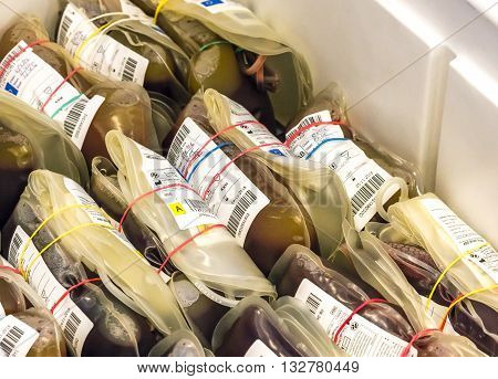 SELANGOR MALAYSIA - MAY 07 2016 :Human blood in storage during blood donation event from SETIA developer together with Pusat Darah Negara (Country Blood Centre) at Trefoil Setia Alam Selangor.