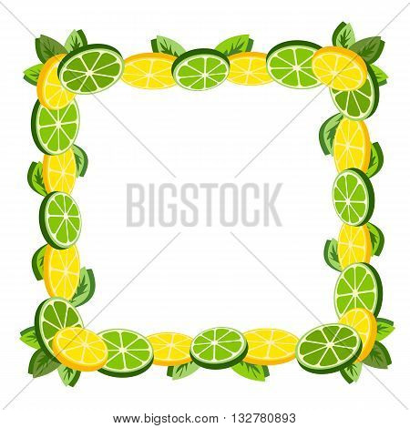 Citrus Fruits. Sliced lemon lime leaves. Fresh citrus wedges Frame Concept. Organic fruit borderl. Tropical citrus. Lemon lime decorative frame for menu. Vector Illustration