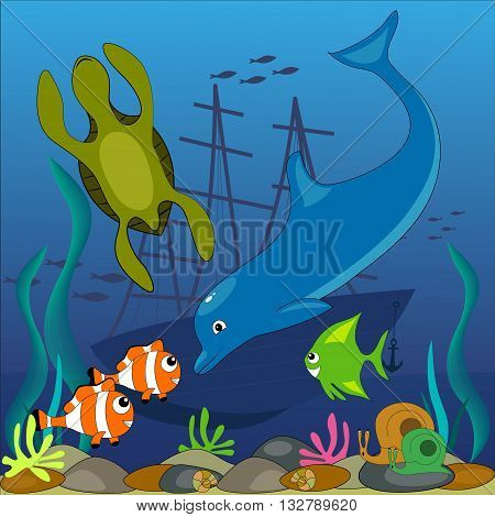 illustration with the image of sea creatures on the ocean floor
