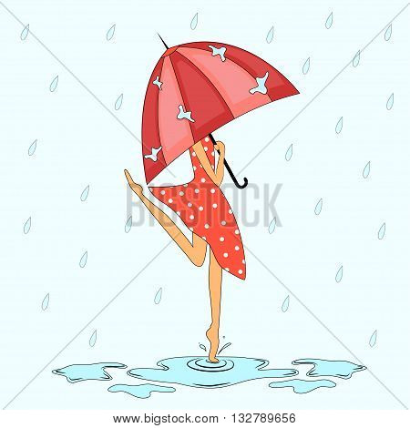 girl with an umbrella in the rain jumping in puddles