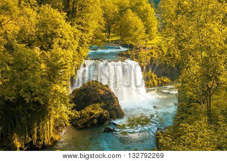 Waterfall on Korana river canyon and beautiful village of Rastoke near Slunj in Croatia