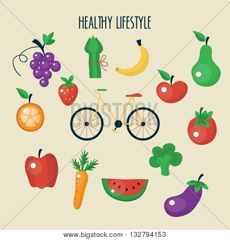 Vegetable and fruit flat icons for healthy lifestyle concept