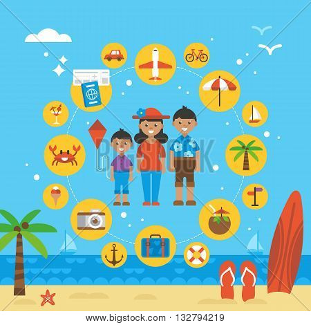 Summer holiday family vacation. Icons and elements for graphics website and infographics design. Vector illustration