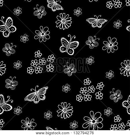 Seamless pattern with flowers and butterflies. White hand drawn doodles on black background.
