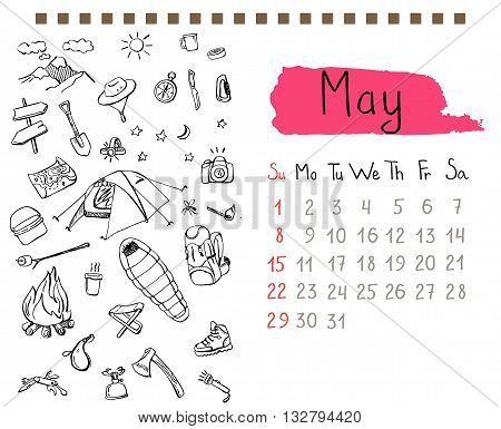Calendar page template for May month with hand drawn doodles of backpacking gear.