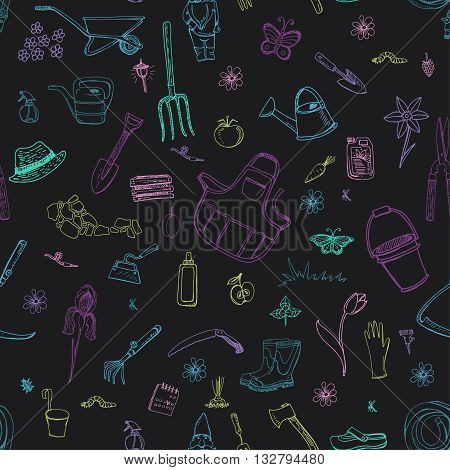 Hand drawn doodles of gardening tools plants pests. Seamless pattern on black background.