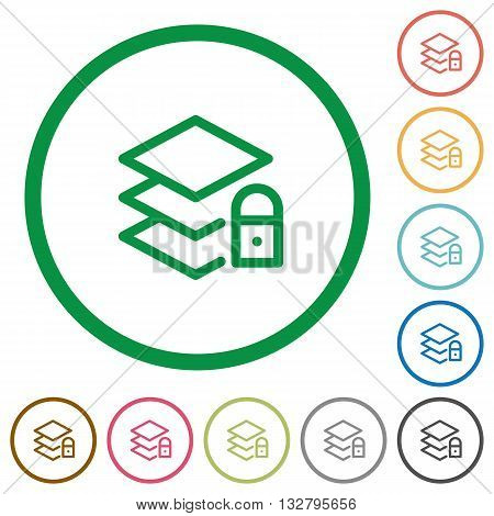 Set of locked layers color round outlined flat icons on white background