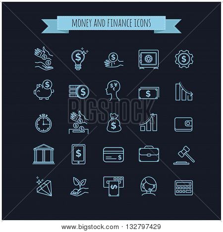 vector busines, money and finance thin line icon set on a black background for your design