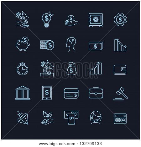 busines, money and finance vector thin line icon set on a black background foryour design