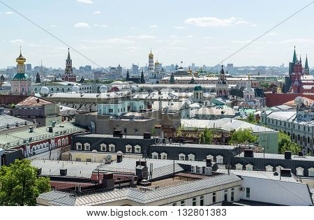 View to Downtown, Spassky tower, the bell tower of Ivan the Great in Moscow. Russia