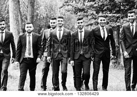 Kyiv, Ukraine - June 25, 2015: Eigth Stylish Arabic Businessman Mans In Tuxedo, Black And White Phot