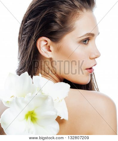young pretty woman with  Amarilis flower close up isolated on white, hands manicure