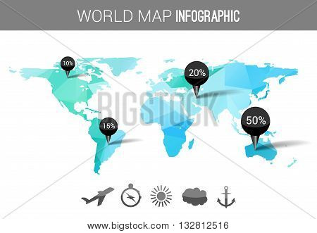 Vector 3d world map with points and percantage. Triangle green red globe travel world map infographic concept.