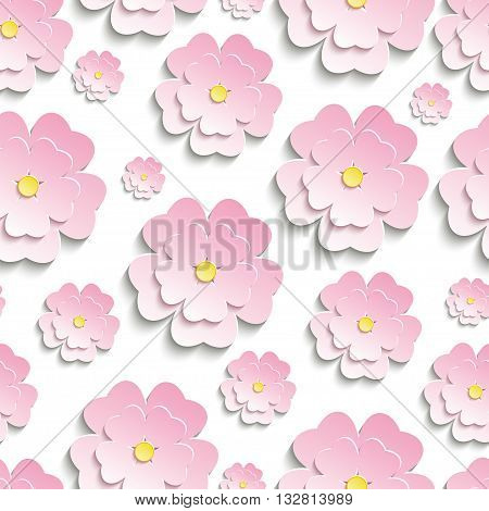 Beautiful modern nature background seamless pattern with pink stylized 3d flower sakura - japanese cherry tree cutting paper. Floral stylish trendy wallpaper. Vector illustration
