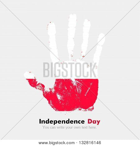 Hand print, which bears the Flag of Poland. Independence Day. Grunge style. Grungy hand print with the flag. Hand print and five fingers. Used as an icon, card, greeting, printed materials.