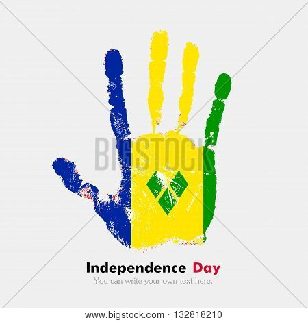 Hand print, which bears the Flag of Saint Vincent and the Grenadines. Independence Day. Grunge style. Grungy hand print with the flag. Hand print and five fingers. Used as an icon, card, greeting, printed materials.