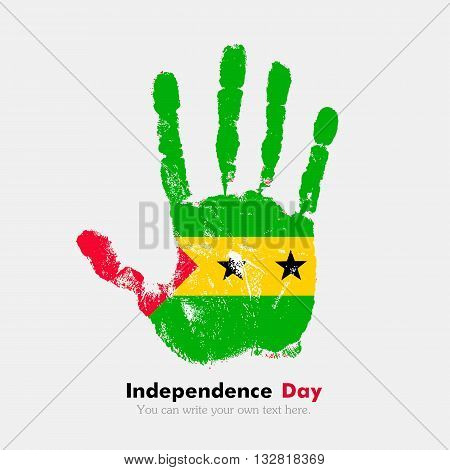 Hand print, which bears the Flag of Sao Tome and Principe. Independence Day. Grunge style. Grungy hand print with the flag. Hand print and five fingers. Used as an icon, card, greeting, printed materials.