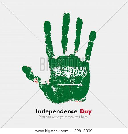 Hand print, which bears the Flag of Saudi Arabia. Independence Day. Grunge style. Grungy hand print with the flag. Hand print and five fingers. Used as an icon, card, greeting, printed materials.