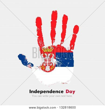 Hand print, which bears the Flag of Serbia. Independence Day. Grunge style. Grungy hand print with the flag. Hand print and five fingers. Used as an icon, card, greeting, printed materials.