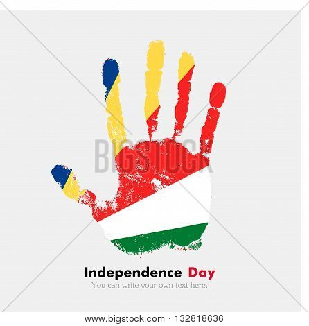 Hand print, which bears the Flag of Seychelles. Independence Day. Grunge style. Grungy hand print with the flag. Hand print and five fingers. Used as an icon, card, greeting, printed materials.