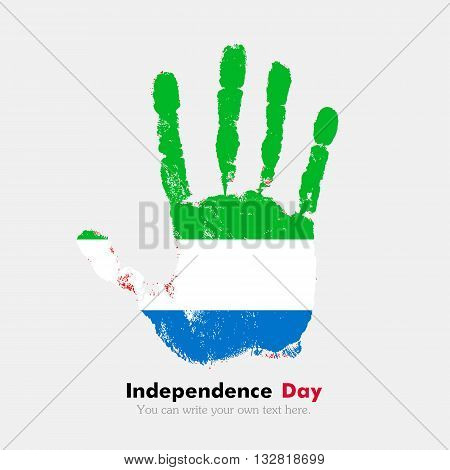 Hand print, which bears the Flag of Sierra Leone. Independence Day. Grunge style. Grungy hand print with the flag. Hand print and five fingers. Used as an icon, card, greeting, printed materials.