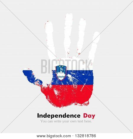 Hand print, which bears the Flag of Slovenia. Independence Day. Grunge style. Grungy hand print with the flag. Hand print and five fingers. Used as an icon, card, greeting, printed materials.