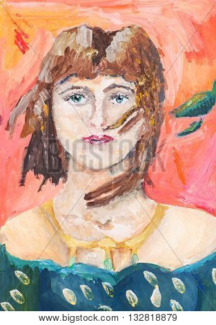 child's painting - Portrait of a young woman with green eyes hand painted by watercolor aquarelle gouache