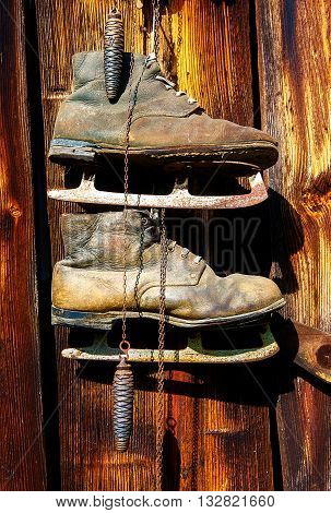 antique old style retro object assemblage on a wooden wall, rustic stile. Old skates