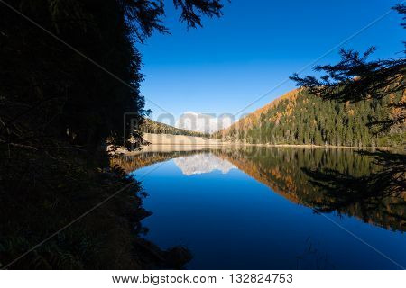 Reflections On Water, Autumn Panorama From Mountain Lake